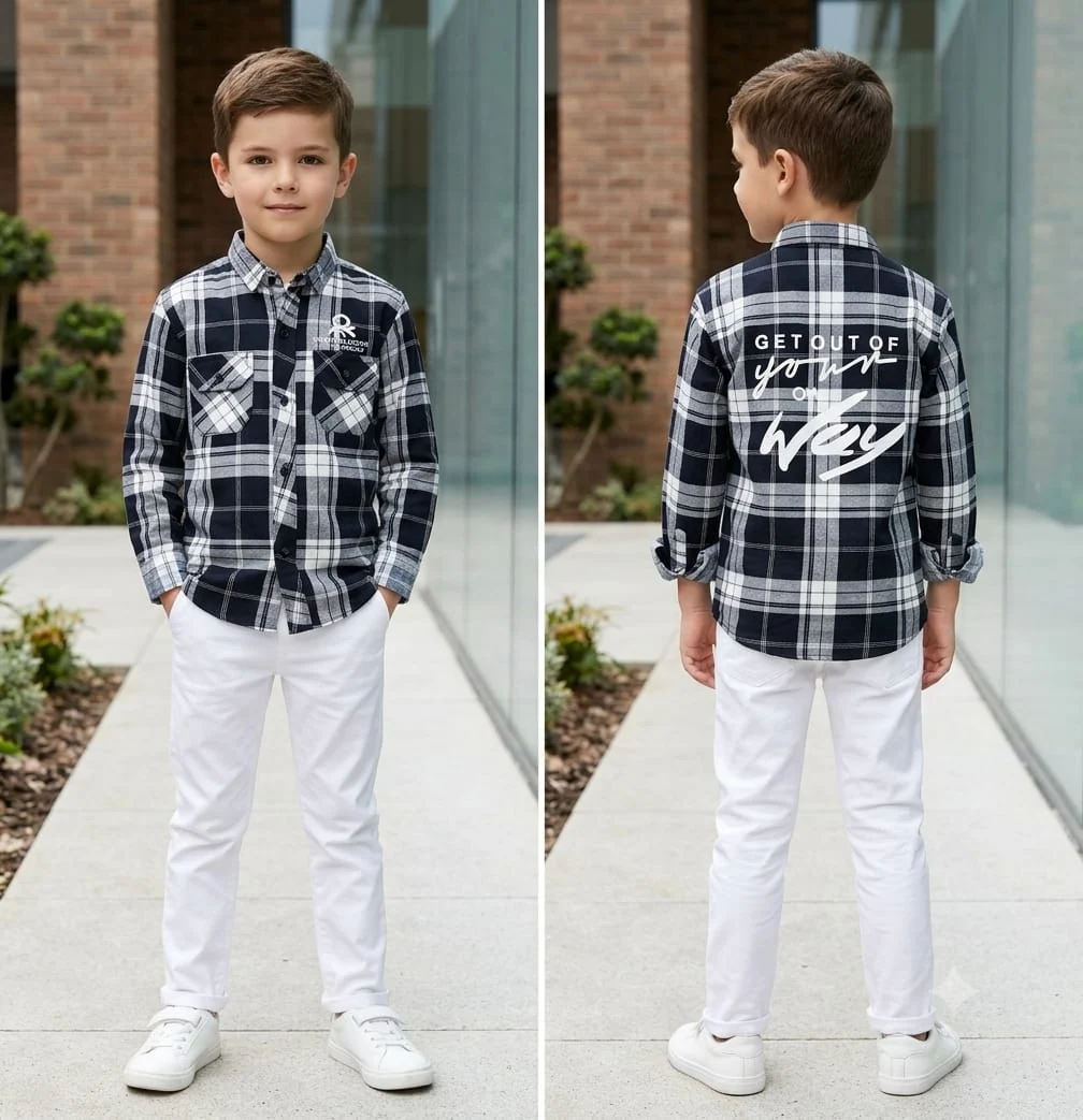 A blue-toned plaid with front and back views.