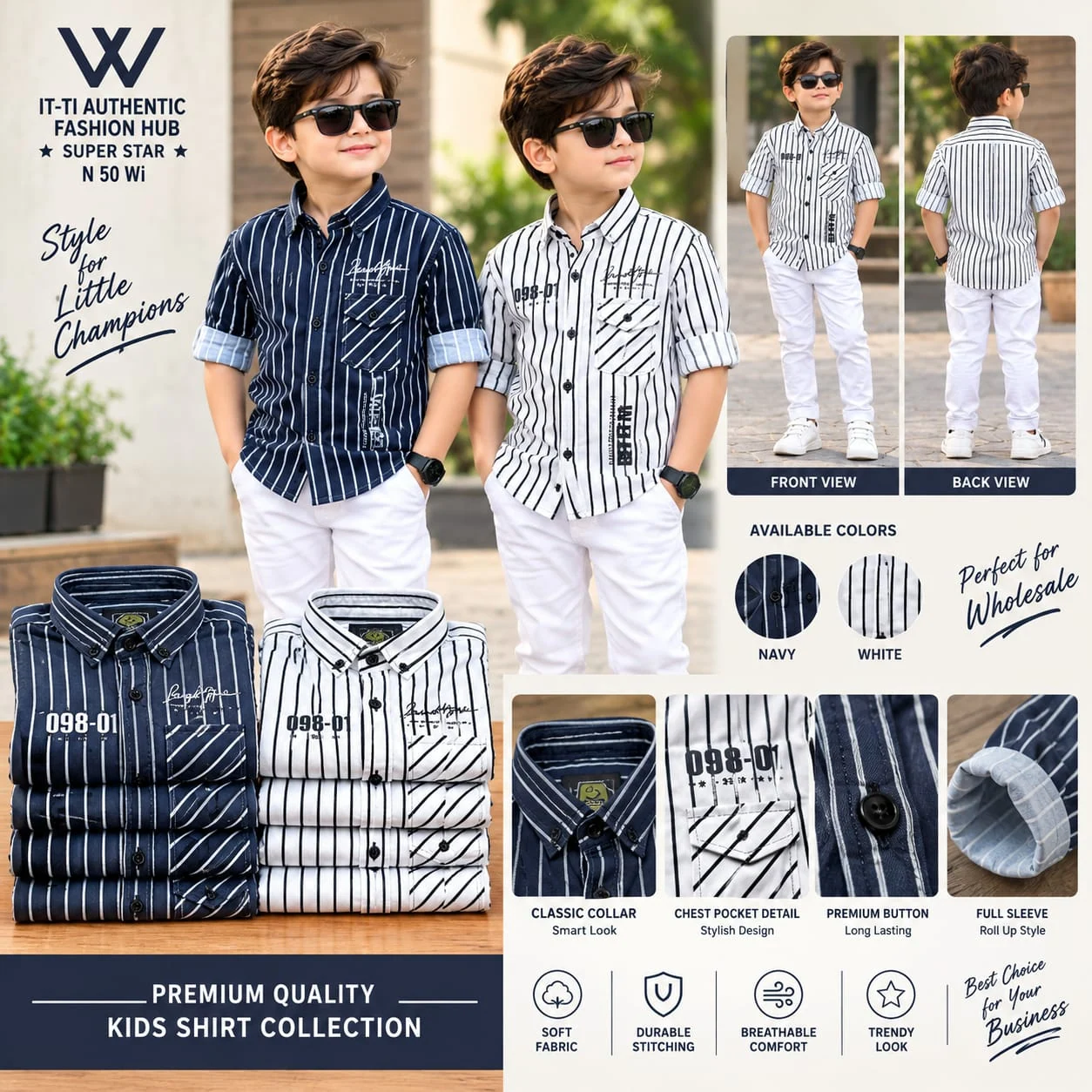 Supplied Deepak Fashion shirt catalogue featuring kids' shirt colour and design options