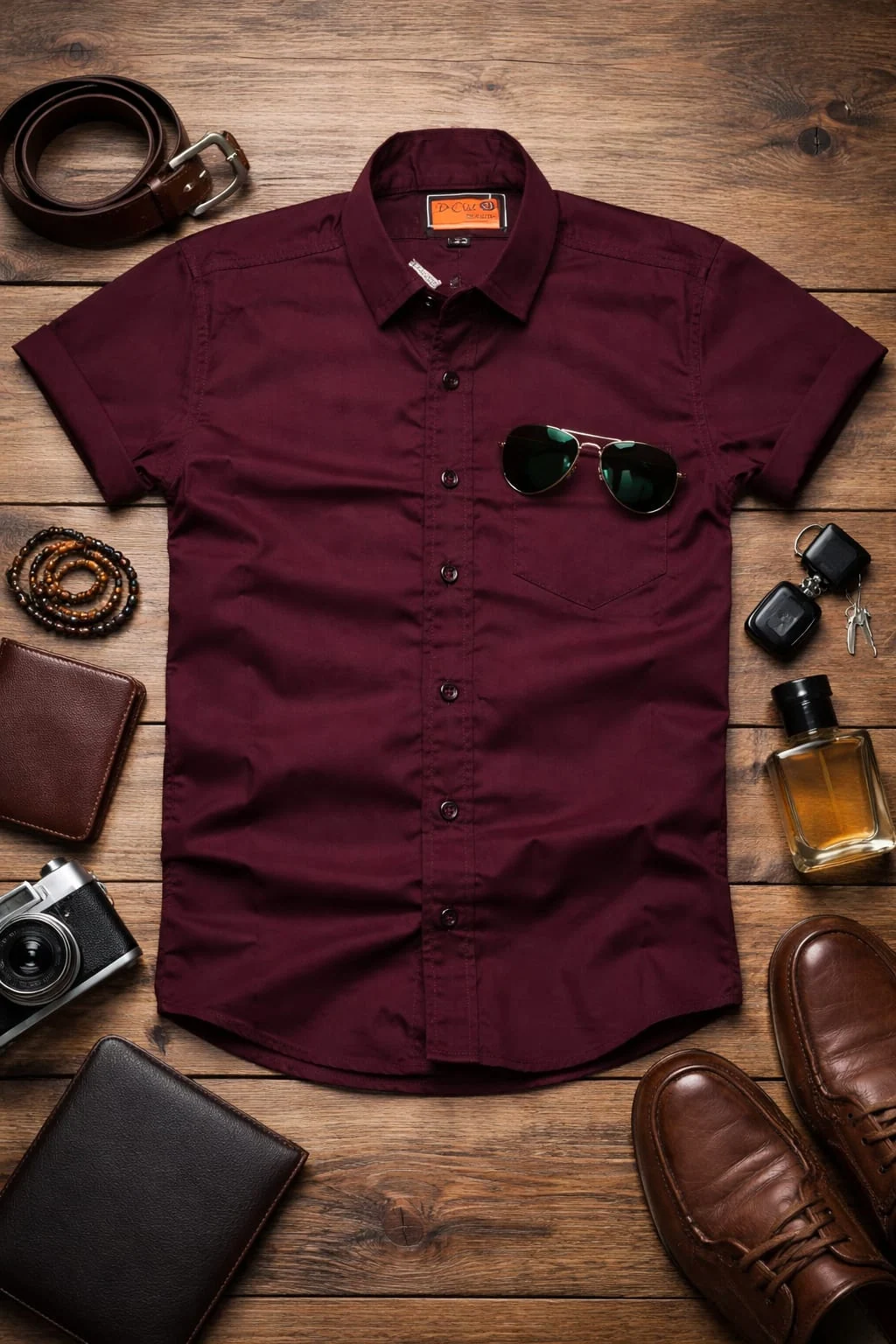 A rich maroon button-down shirt.